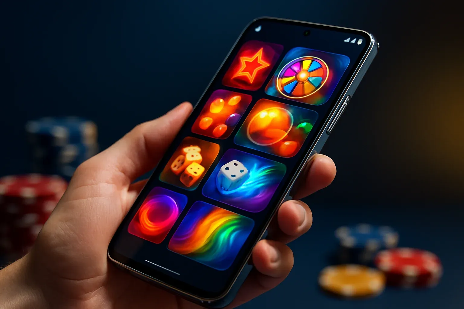Flagship Android smartphone displaying vivid casino app interface in dramatic lighting
