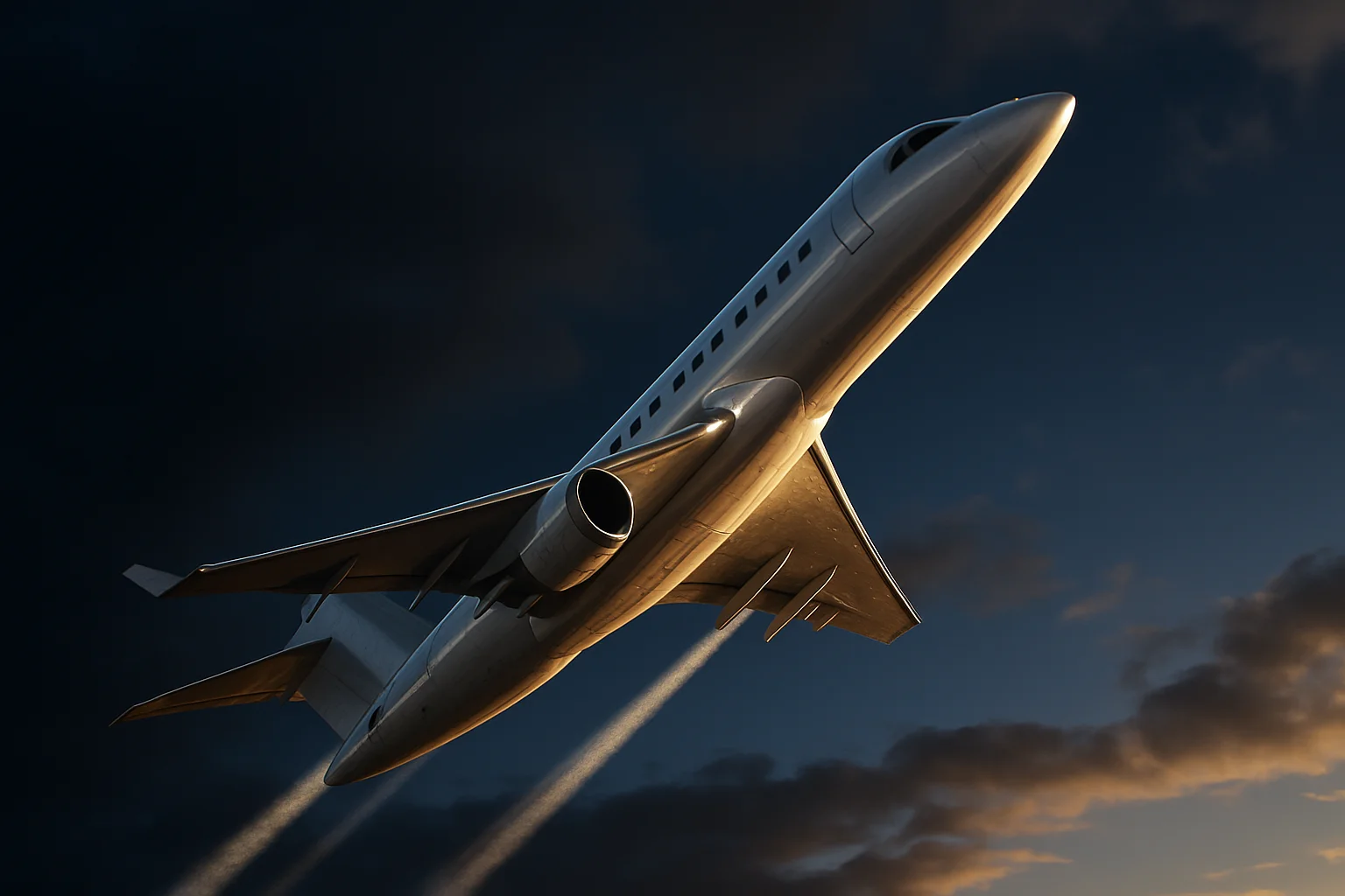 Hyperrealistic white jet aircraft climbing steeply in dramatic blue sky