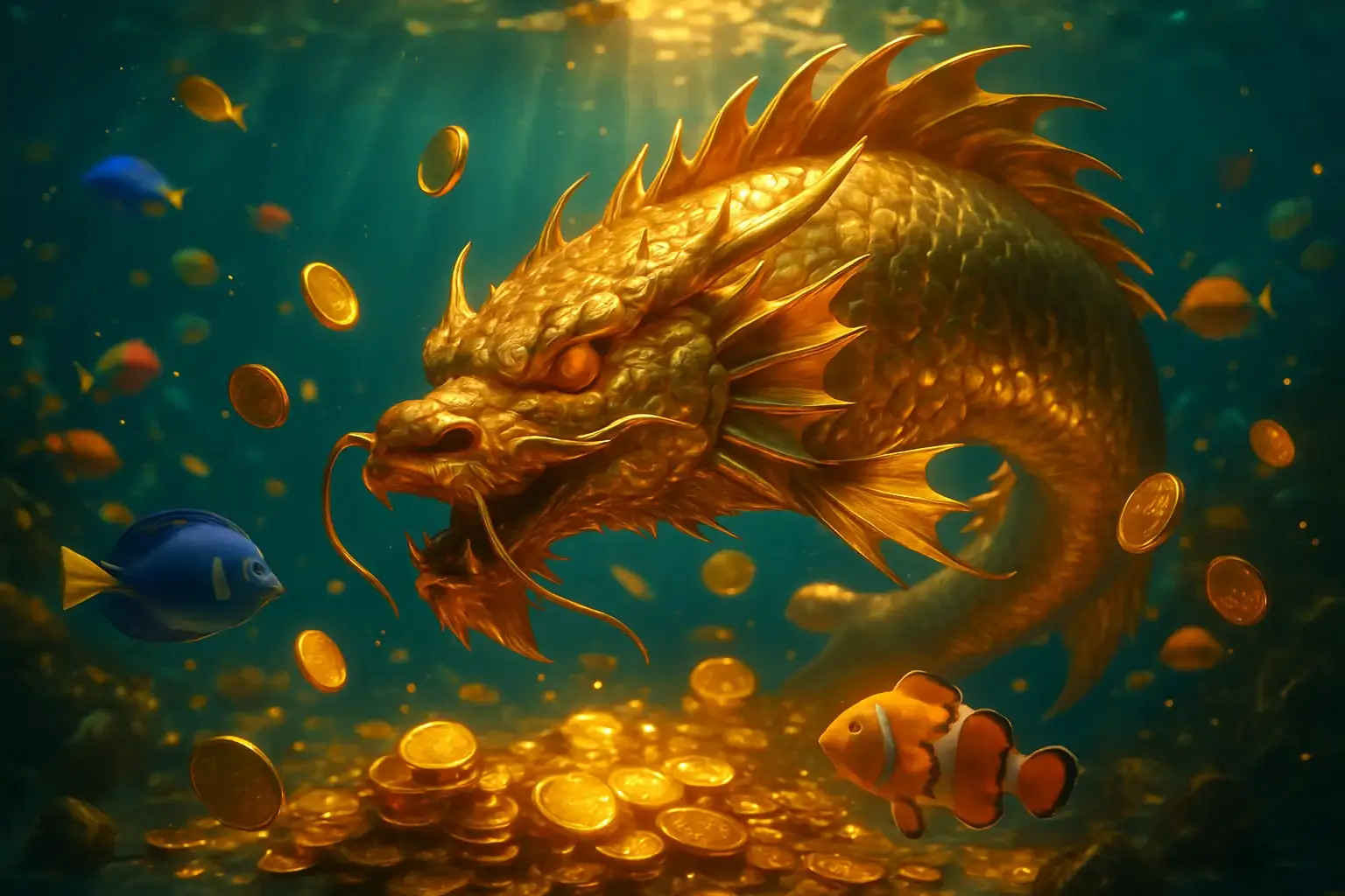 Massive golden dragon fish underwater with glowing coins and treasure