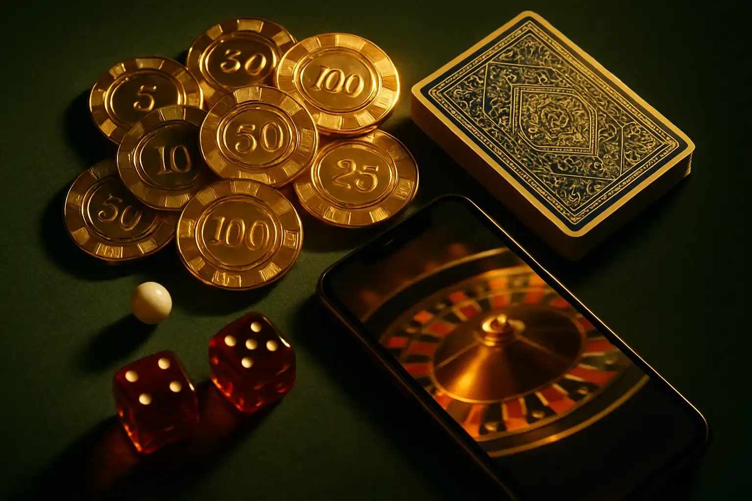 Top-down casino table with gold chips, cards, dice, roulette ball, smartphone