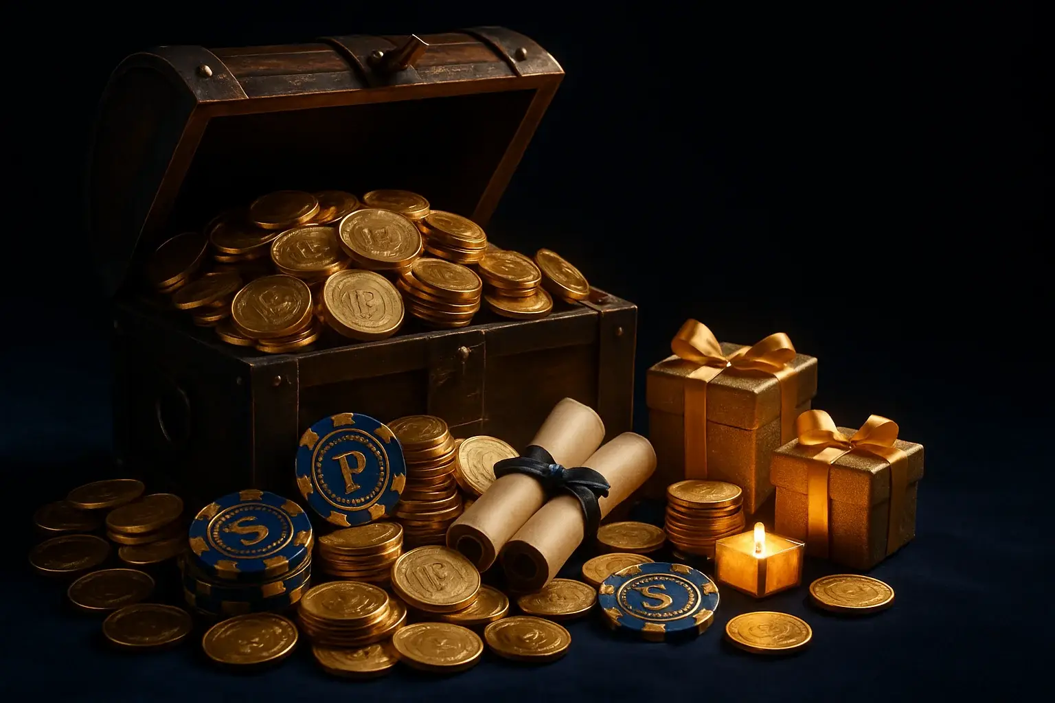 Overflowing treasure chest with coins, casino chips, vouchers, and gift boxes