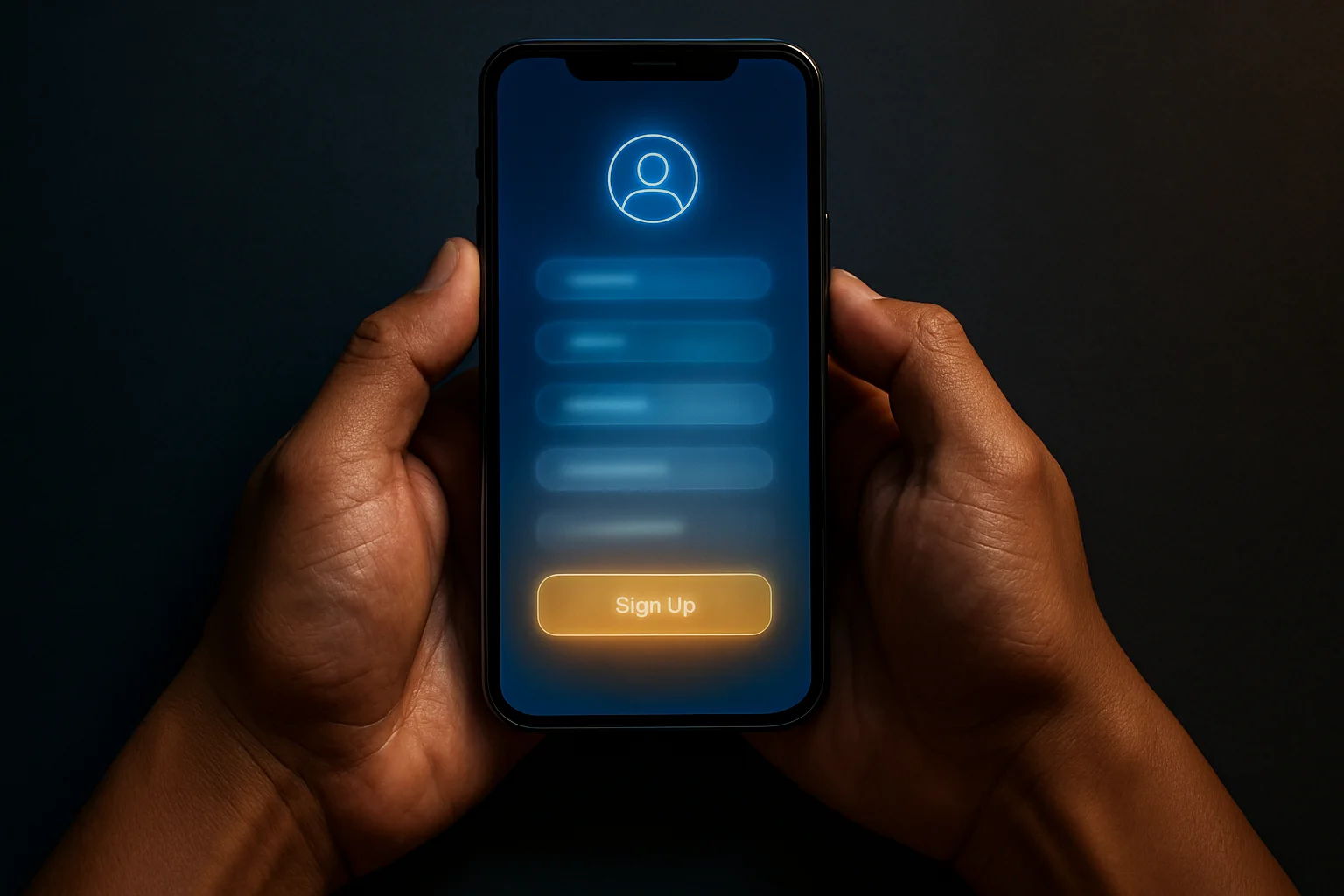 Filipino man's hands holding smartphone with glowing registration interface