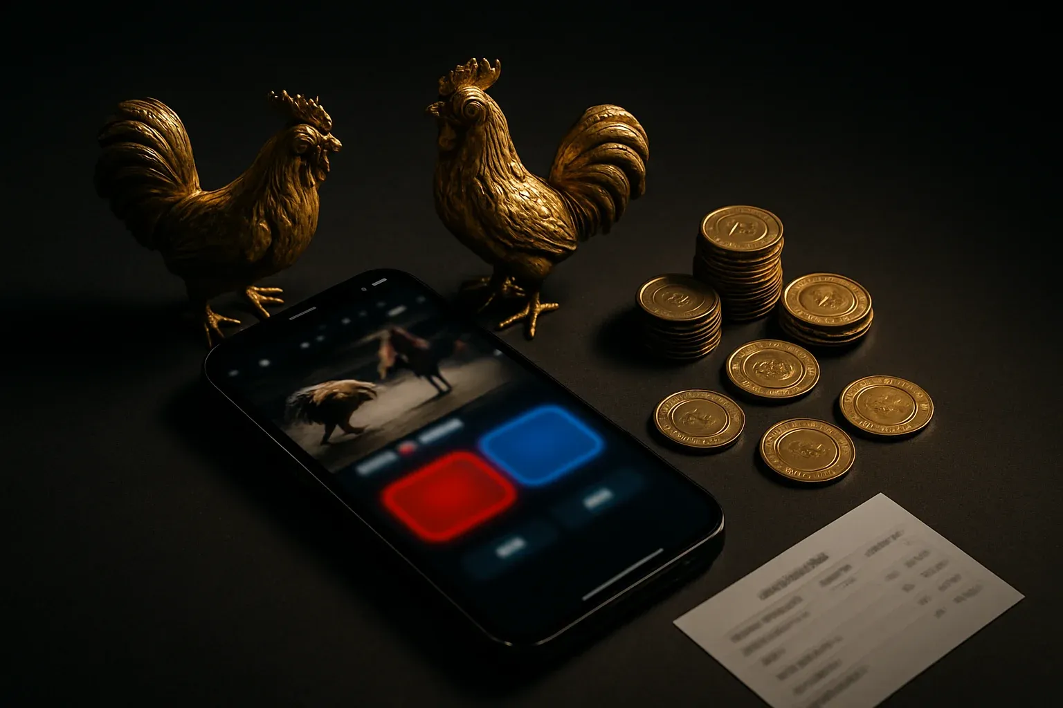 Smartphone with sabong betting interface, golden roosters, coins, and chips