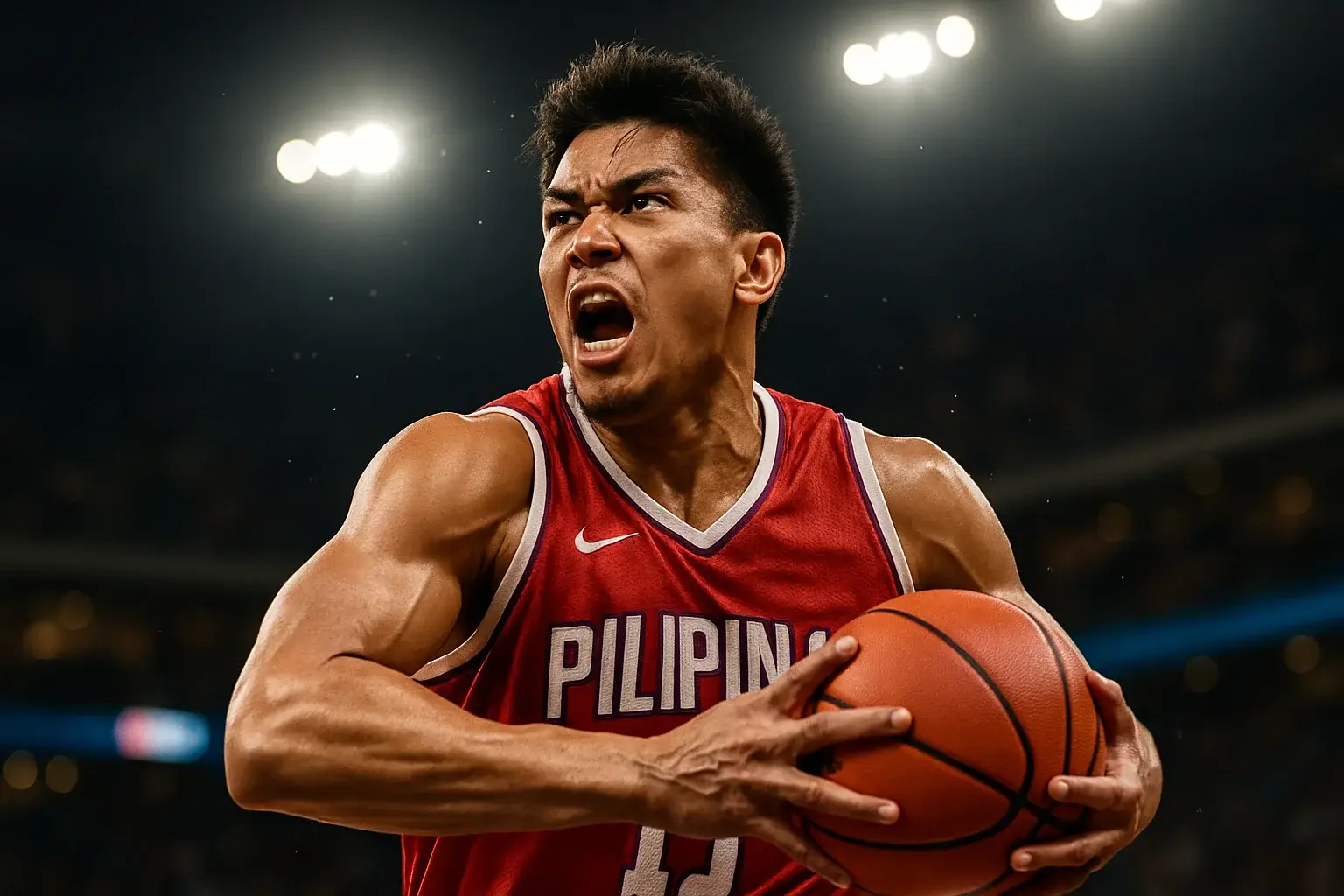 Filipino PBA basketball player driving mid-air toward the basket